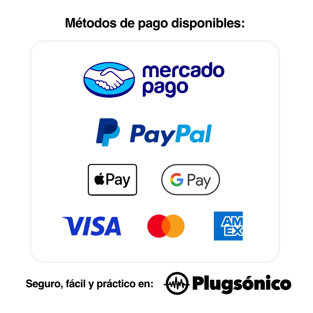 Métodos de pago disponibles en Plugsónico: Tarjeta de crédito o débito, Mercado Pago, PayPal, Apple Pay, y Google Pay.