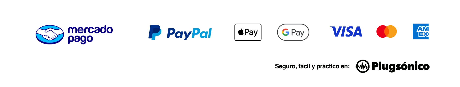 Métodos de pago disponibles en Plugsónico: Tarjeta de crédito o débito, Mercado Pago, PayPal, Apple Pay, y Google Pay.